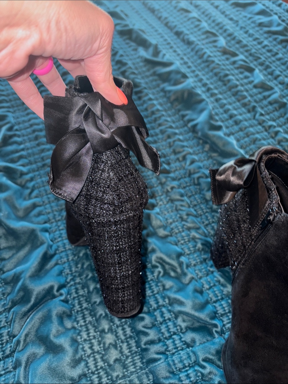 Copper Key Black Satin Bow Block Heel Ankle Booties - Picture 5 of 6